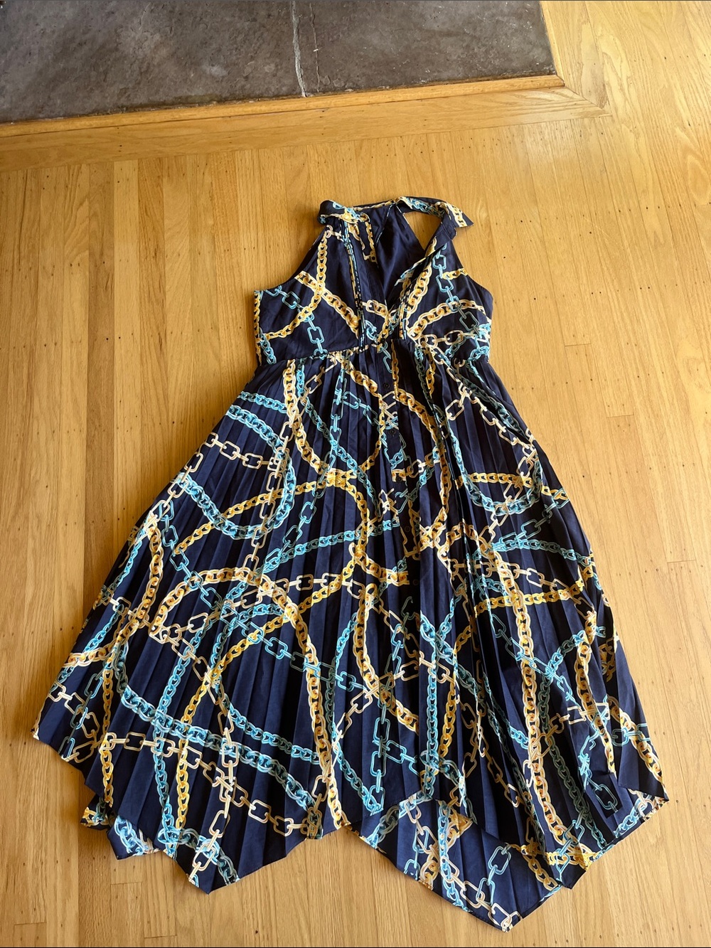 Maeve Navy Halter Maxi Dress with Gold & Aqua Chain Pattern